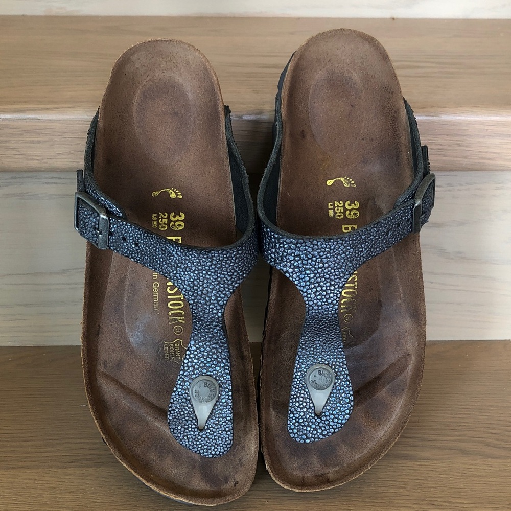 Rare Birkenstock Iridescent Pebble Leather Gizeh Sandals / Slides, Size 39